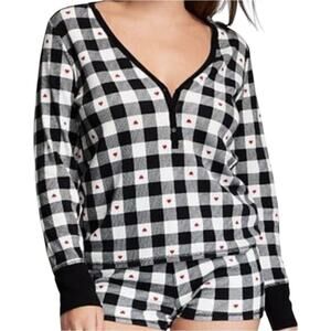 Victoria Secret Thermal Pajama Top V Neck Button Front Gingham Hearts Black S